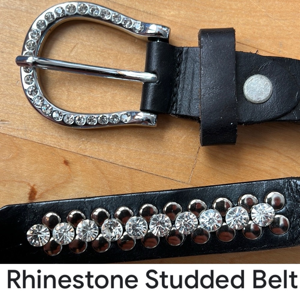 💎 Rhinestone and Studded Black Leather Belt with Silver Rhinestone Buckle 108 ML